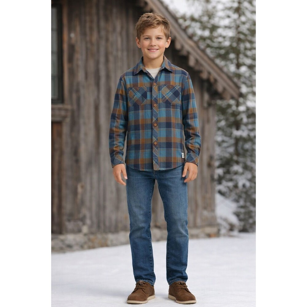 WEATHERPROOF Vintage Kids Boys‎ Plaid Flannel Shirt 10-12 Blue Brown 100% Cotton